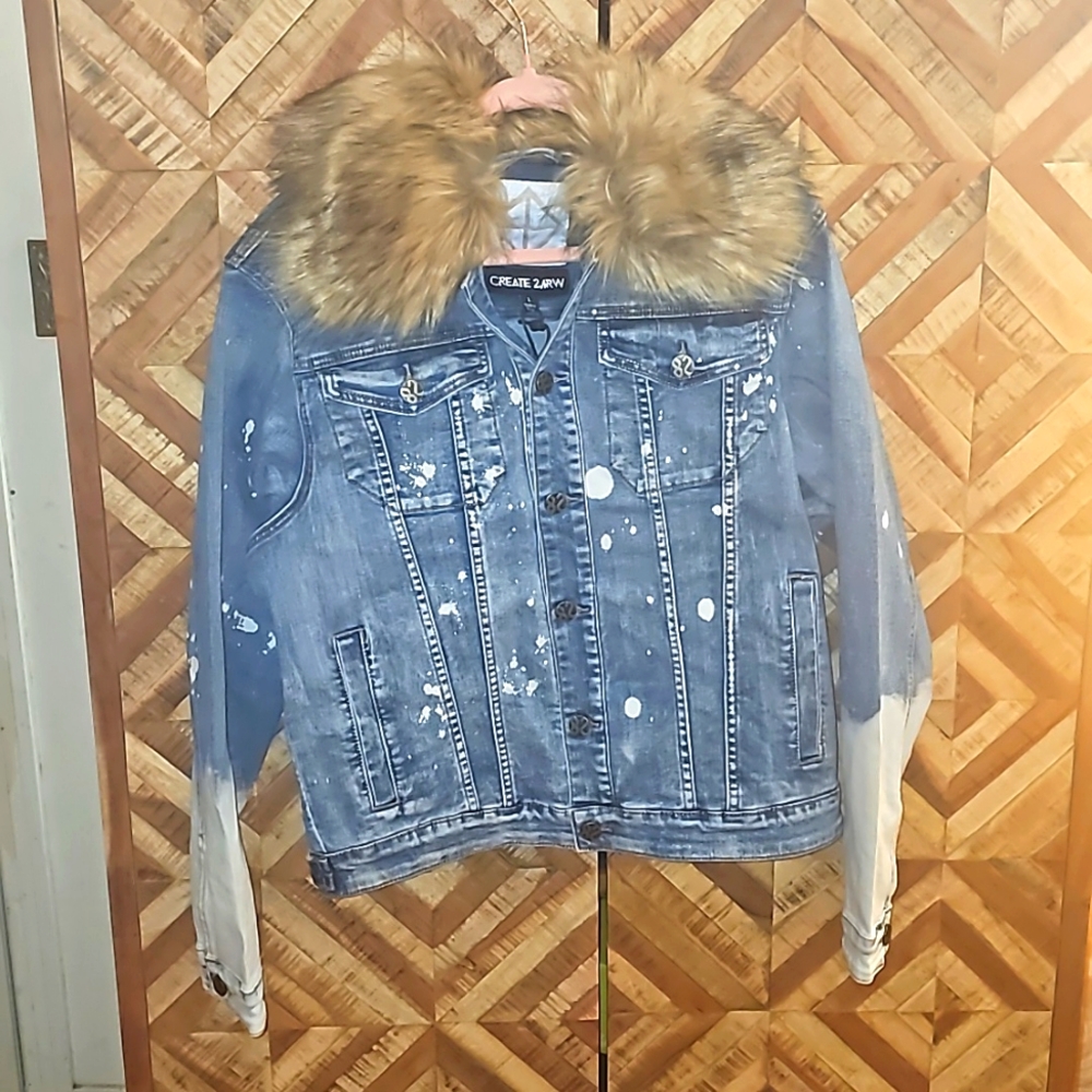 CREATE 2MRW Men's Blue Jean Jacket With Faux Fur Collar